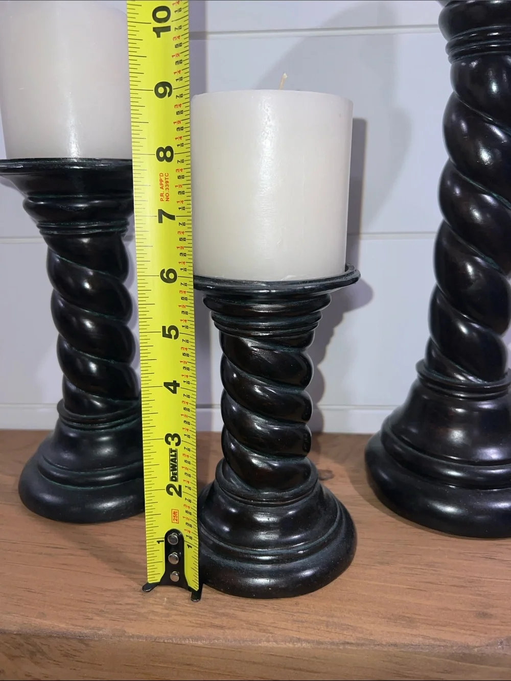 Vintage Classic Black Twisted Wood Candlestick Set with White Pillar Candles - Picture 7 of 15